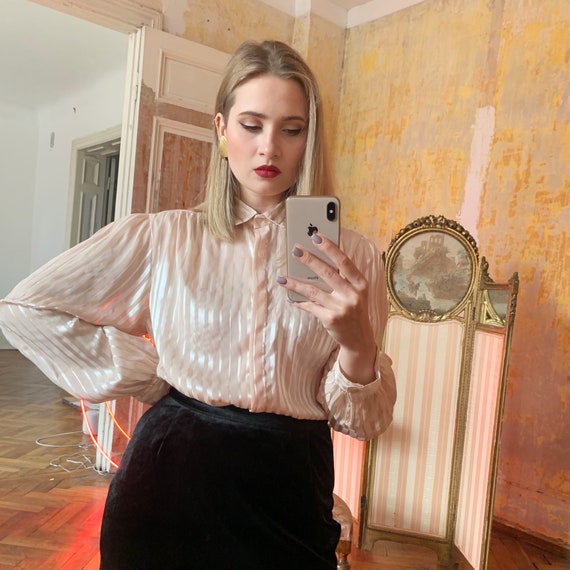 Vintage Striped Pink Satin Blouse Silky 