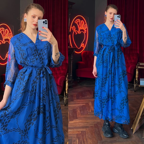 Robe Maxi bleue en mousseline de soie vintage avec manches Bishop, robe longue à manches 3/4, robe de bal A-line à la taille