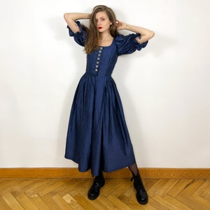 Vintage Navy Blue Silk Dress, Austrian Dress, Prairie Dress, Pure Silk Fit and Flare Dark Cottagecore dress zdjęcie 5
