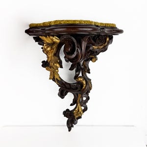 Antique Hand-Carved Wooden Wall Console Shelf with Gilt Accents, Small Victorian Rococo Bracket