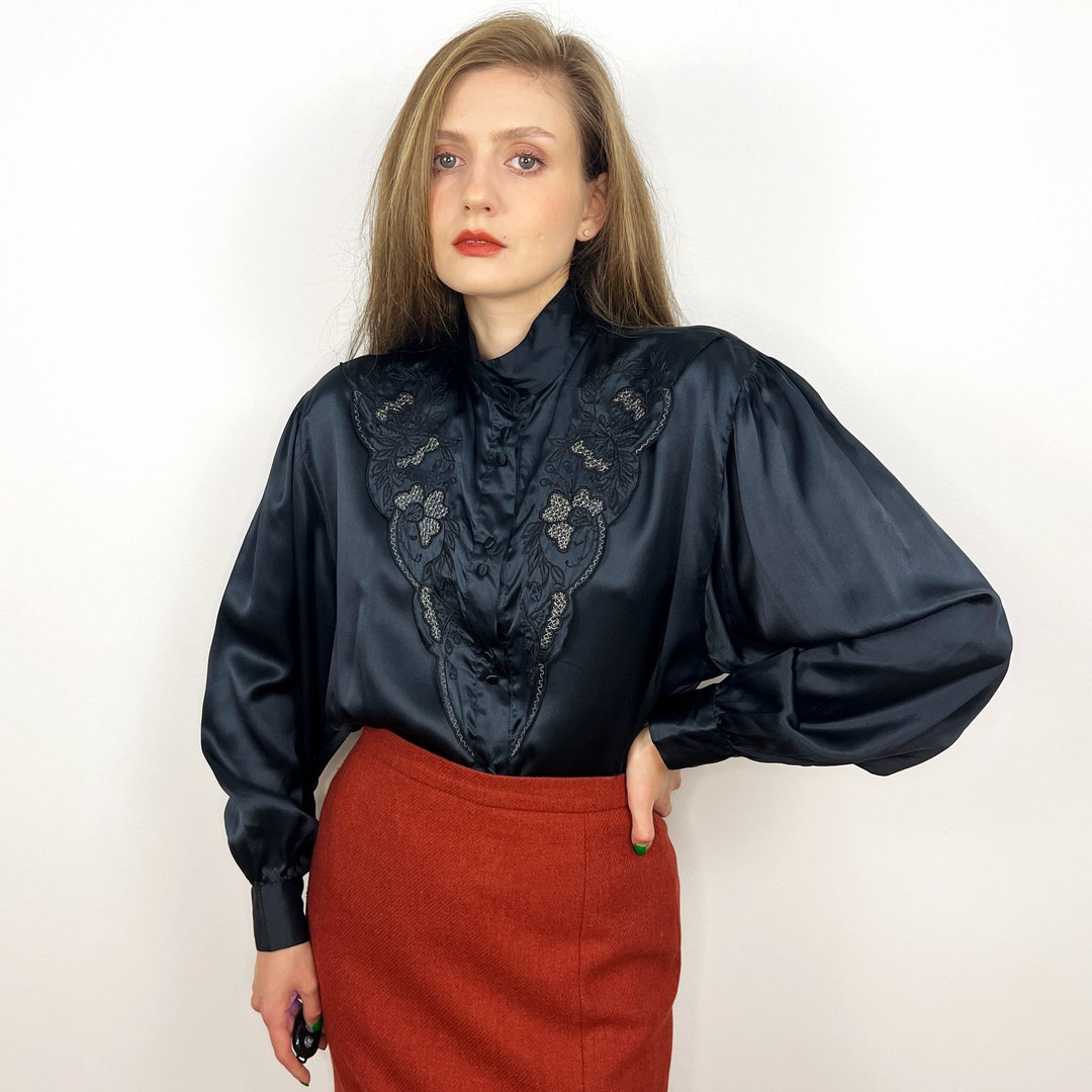 Black Blouse with the high Round Neck in Art Silk with Cut Out Back and Hook Closure