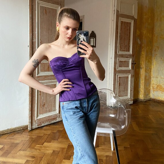 D&G Corset Top, Purple Silk Satin Boned Bustier To