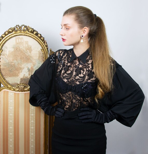 Vintage Black Lace Blouse, Sheer Lace Balloon Slee