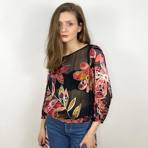 Vintage Sheer Silk Blouse, Floral Sheer Silk Chiffon blouse