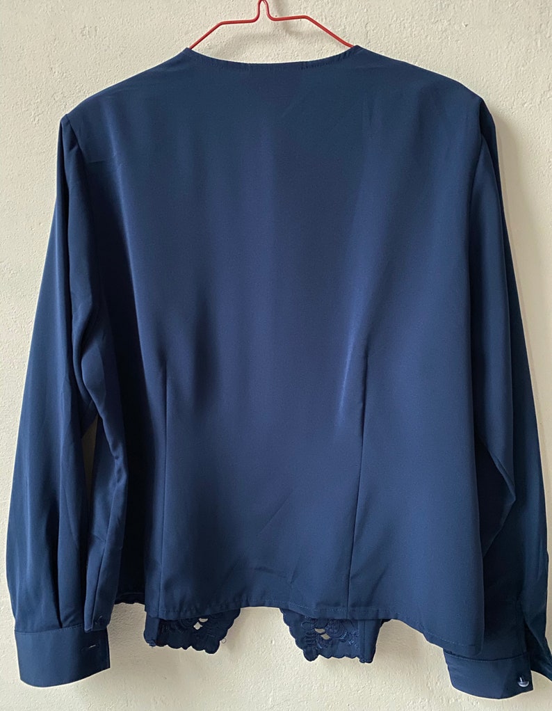 Vintage 80s Navy Blue Satin Blouse with Embroidery