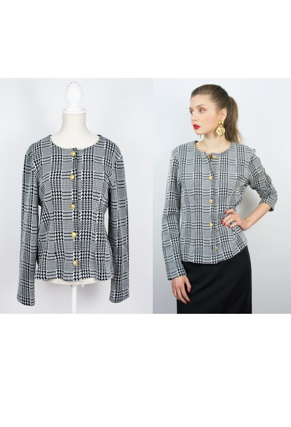 Vintage Houndstooth Blazer | Plaid Blazer Black Wh