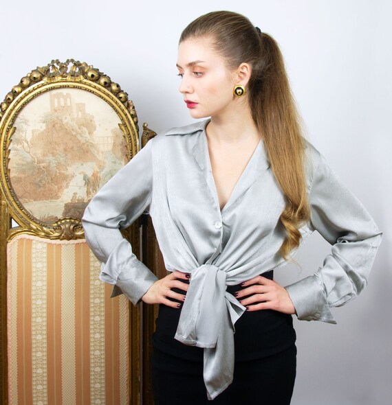 Vintage Silver Silk Blouse, Oversized Metallic Lon