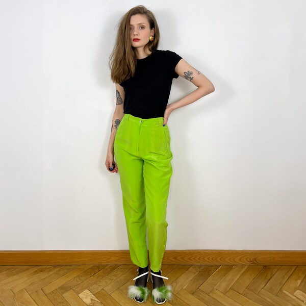 Vintage Grüne Seidenhose mit Hoher Taille, Karierte Hose aus Rohseide