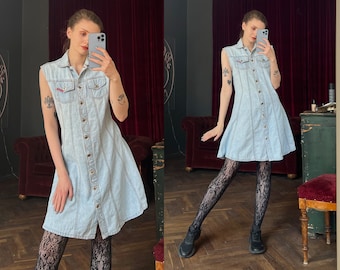 Vintage Denim Mini Dress, Sleeveless Button front Dress, Summer Dress