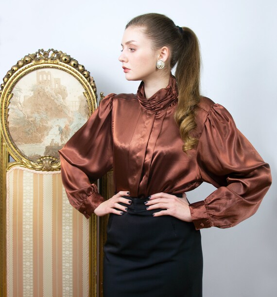 Vintage Satin Blouse, High Neck Blouse, Brown Sati