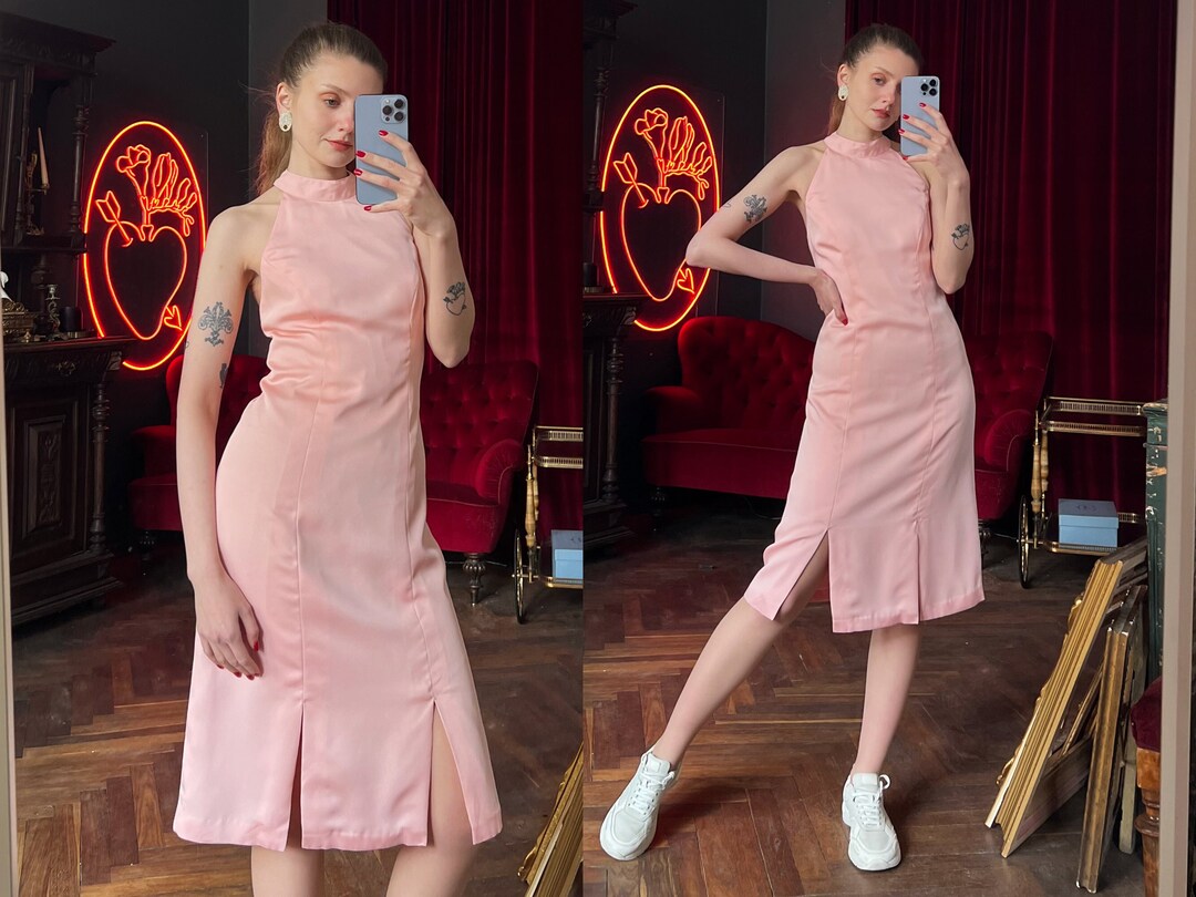 Vintage Pink Chiffon beaded Cocktail Dress Halter Short Backless Homecoming Dress Y8945