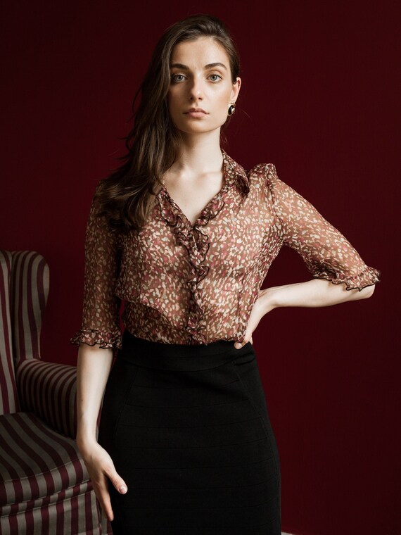 Vintage Silk Chiffon Top, Ruffled Sheer Blouse