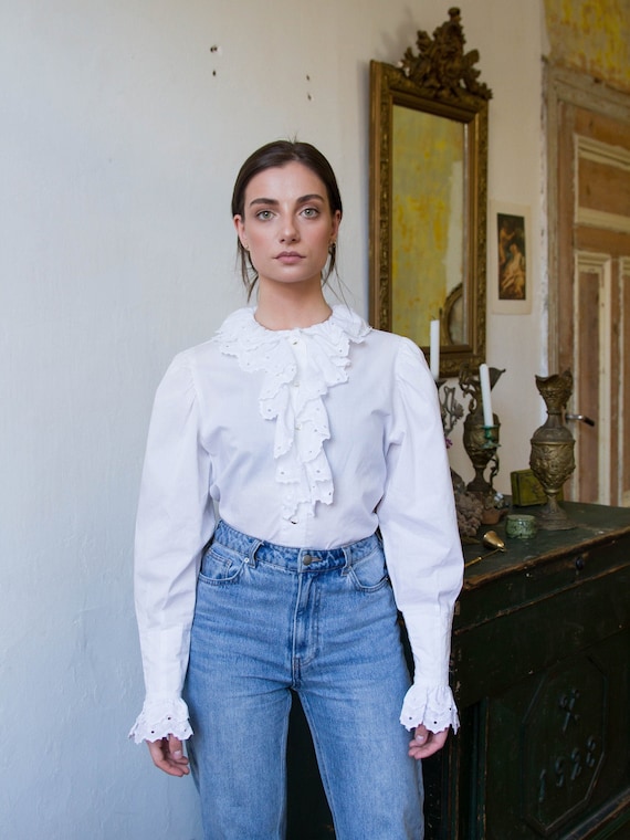 Vintage White Cotton Ruffle Blouse, Puff Sleeve Bl