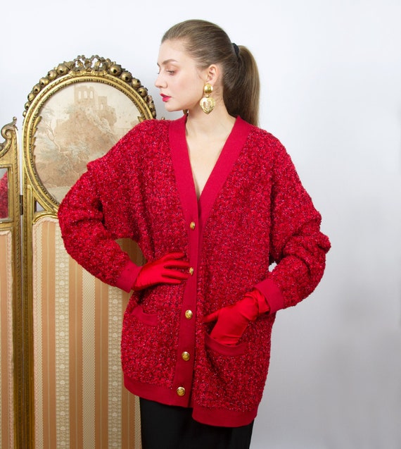 Vintage ESCADA Cardigan, Oversized Red Wool Cardig
