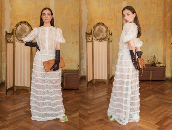 Vintage Sheer Lace Dress, White See Through Lace D