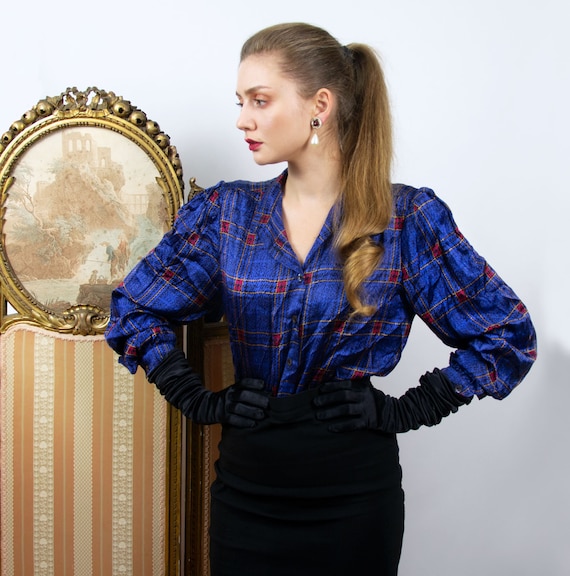 Vintage Silk Blouse, Blue Plaid Silk Puff Long Sle
