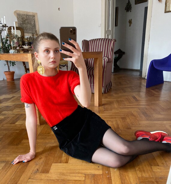 90s VERSACE Skirt, Black Velvet Mini Skirt, Grunge