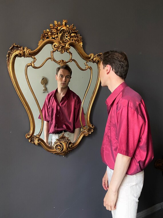 Vintage Silk Men's Shirt, Short Sleeve Burgundy To