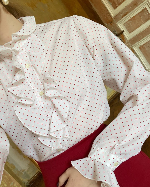 Vintage Ruffle Blouse, White Polka Dot Blouse - image 3