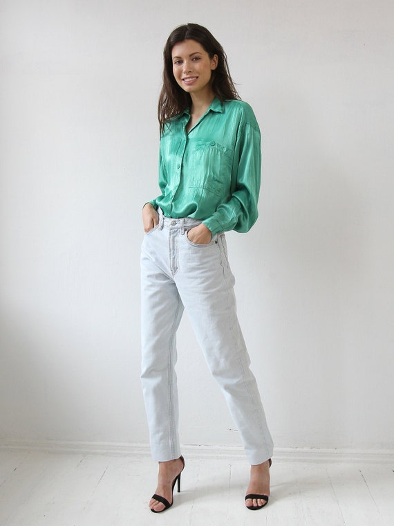 Vintage Satin Blouse, Green Silky Long Sleeve Shir