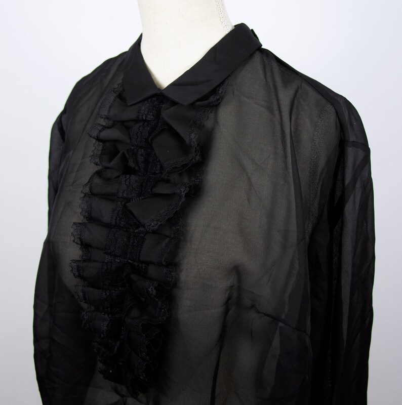 Vintage Black Sheer Organza Blouse with Ruffles Classy Black Formal Blouse See Through Top with Jabot
