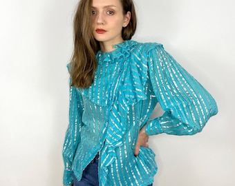 Vintage Blue Cotton ruffle blouse, Striped silver lurex blouse, Puff sleeve blouse