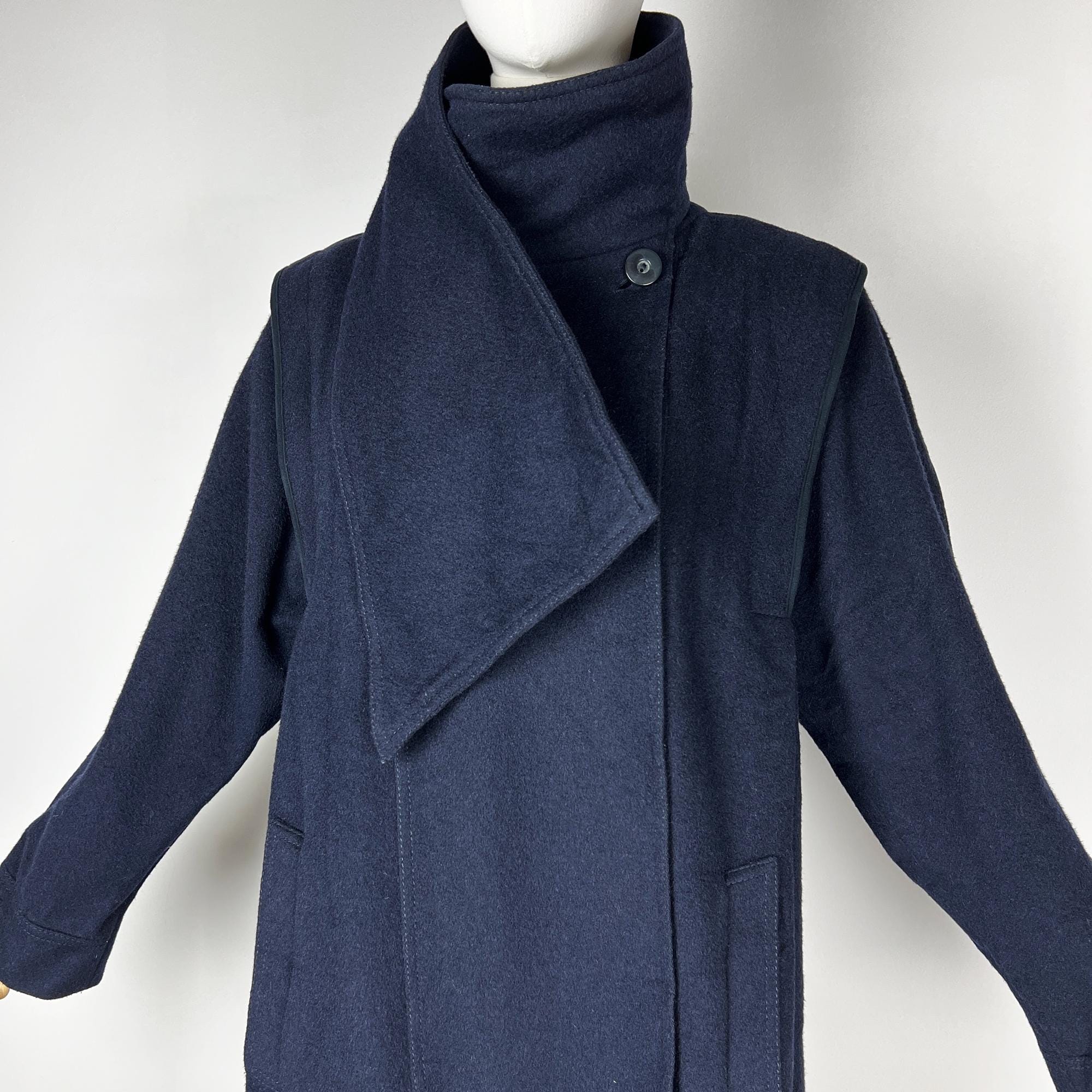 80sヴィンテージ【アメリカ古着❗️】超美品！ウール　ロングコートネイビー紺色 古着 90s USA製 WoolRich ネイティブ ボーダー 総柄 ウール