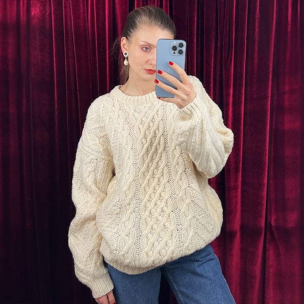 pull en laine Shetland vintage, pull en tricot câble blanc, pull Aran