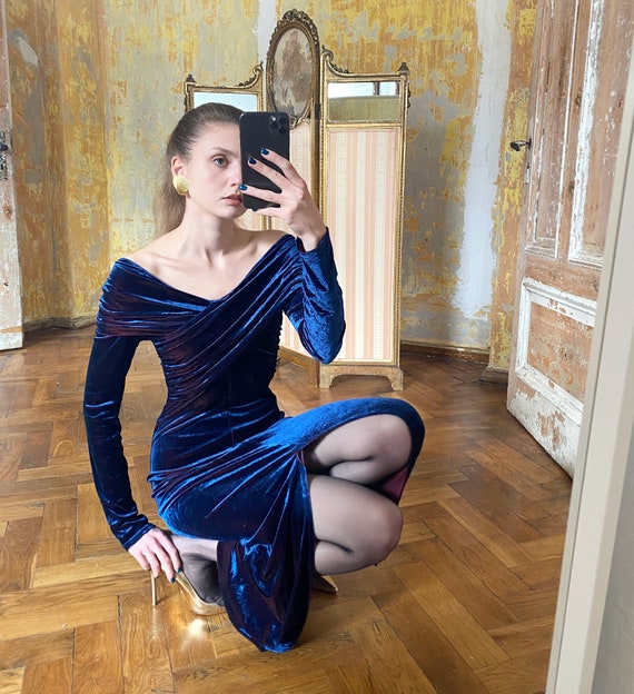 Vintage Velvet Dress, Iridescent Blue Long Sleeve