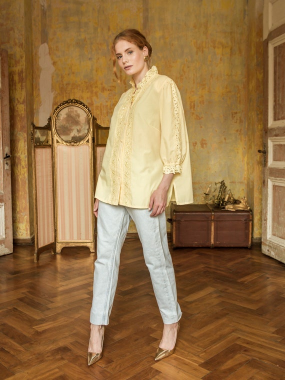 Vintage Yellow Blouse Cotton Lace Embroidered Bracelet Sleeve