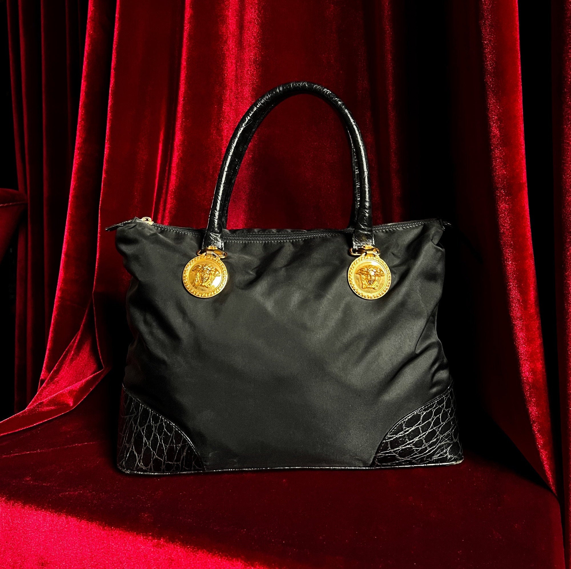 Vintage Gianni VERSACE Bag Black Versace Medusa Nylon Handbag 