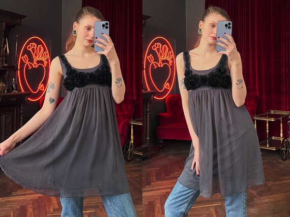 Vintage Babydoll Top Sleeveless Empire Waist Top Mini Dress Embroidered Chiffon Blouse Etsy UK