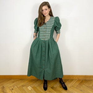 Vintage Austrian Dress, Prairie Dress, Long Button Front dress with pockets, Cottagecore Dress, Green linen and cotton plaid Dress