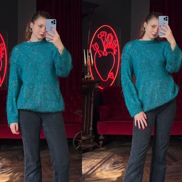 Vintage Turquoise Mohair Sweater, Oversized Hand-Knitted pullover sweater