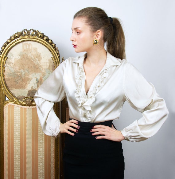 Vintage Silk Blouse with Ruffles, Ivory Silk Shirt
