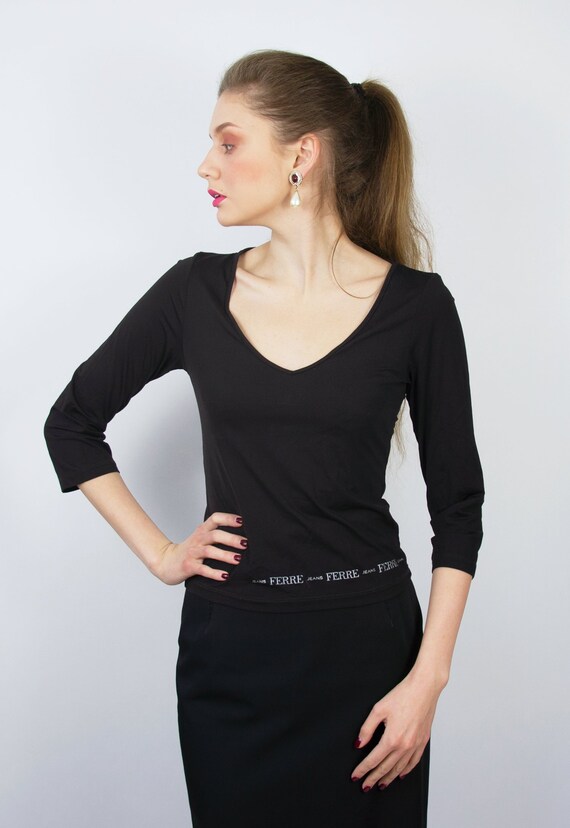 FERRE Top | Fitted Top Black Casual Top Deep V Top