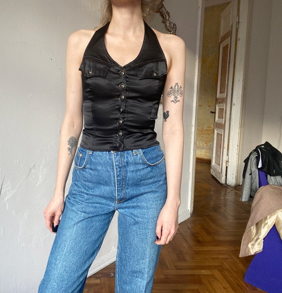 Vintage Black Halter Top, Y2K Black Corset Top