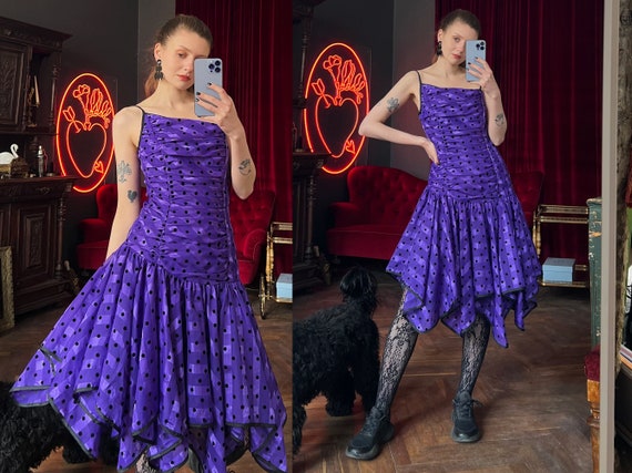 80s Prom Dress, Purple Party Dress, Polka Dot Sleeveless Midi