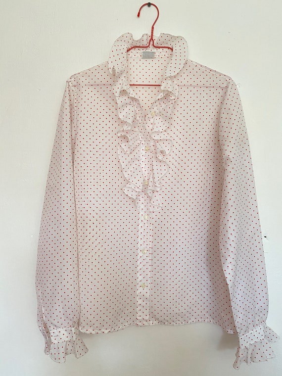 Vintage Ruffle Blouse, White Polka Dot Blouse - image 7