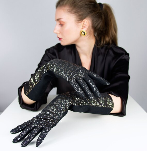 Vintage Black and Gold Gloves, Evening Gloves, For