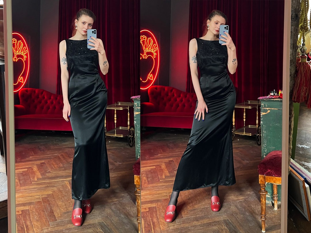 Vintage long satin pleated dress for women, elegant evening dress