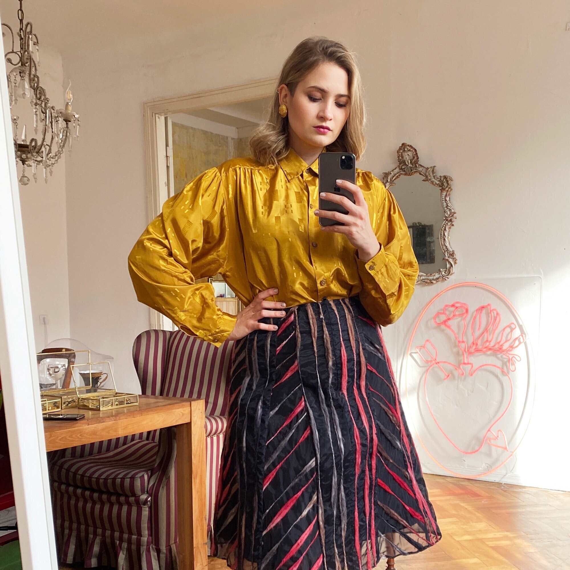 Vintage Mustard Yellow Silky Blouse 
