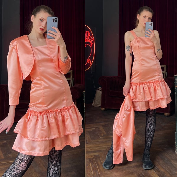 robe de pêche en satin vintage avec boléro, robe de bal des années 90 avec volants, robe de soirée, robe courte, robe de bal vintage