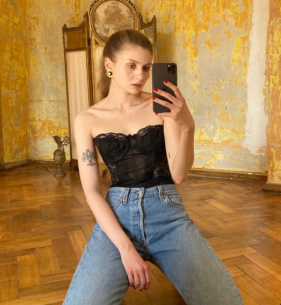 Vintage Black Lace Bustier Corset with suspenders,