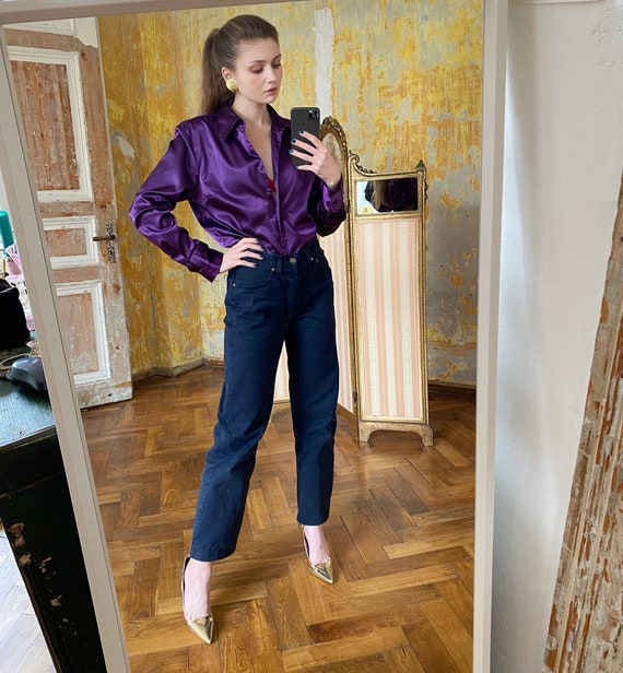 Vintage Purple Satin Blouse, Silky Long Sleeve Shi
