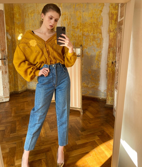 Vintage Mustard Yellow Cardigan, Oversized 80s car