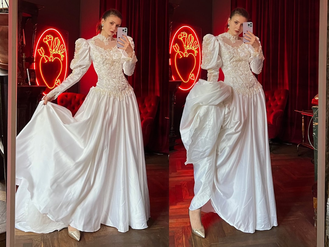 Vintage 80's Satin Wedding Dress With Long Puffy Sleeves, Pearl