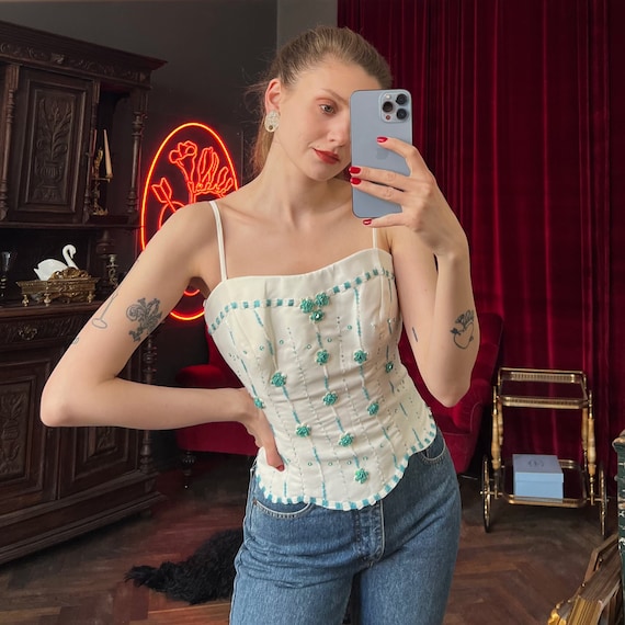 Vintage Embellished Corset Top, White Embroidered Boned Overbust