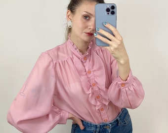 Vintage Pink Sheer blouse, Ruffle Blouse, See through Chiffon Blouse, Cottagecore blouse