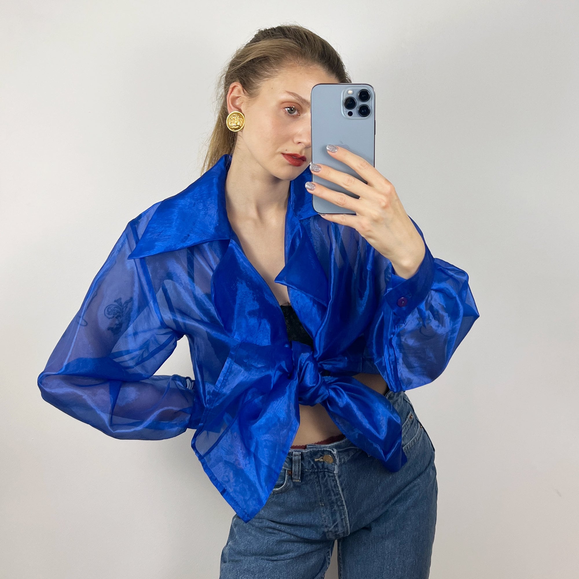 blusa organza azul